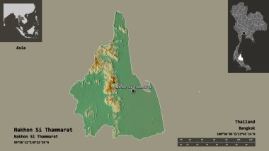 Nakhon Si Thammarat, Tayland ili ve başkenti. Uzaklık ölçeği, ön gösterimler ve etiketler. Topografik yardım haritası. 3B görüntüleme