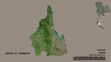 Tayland 'ın Nakhon Si Thammarat şehrinin şekli, başkenti sağlam bir zemin üzerinde izole edilmiş. Uzaklık ölçeği, bölge önizlemesi ve etiketleri. Uydu görüntüleri. 3B görüntüleme