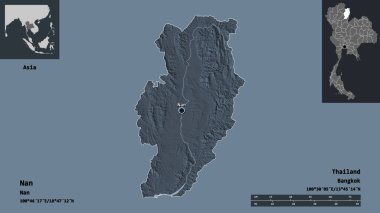 Tayland ili ve başkenti Nan 'ın şeklidir. Uzaklık ölçeği, ön gösterimler ve etiketler. Renkli yükseklik haritası. 3B görüntüleme