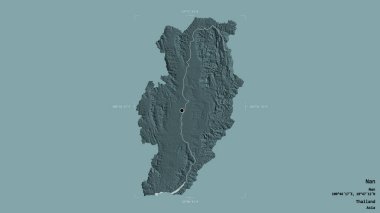 Nan bölgesi, Tayland vilayeti, katı bir arka planda izole edilmiş bir sınır kutusunda. Etiketler. Renkli yükseklik haritası. 3B görüntüleme