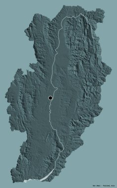 Tayland 'ın Nan eyaleti, başkenti katı renk arkaplanı ile izole edilmiştir. Renkli yükseklik haritası. 3B görüntüleme