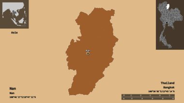 Tayland ili ve başkenti Nan 'ın şeklidir. Uzaklık ölçeği, ön gösterimler ve etiketler. Desenli dokuların bileşimi. 3B görüntüleme