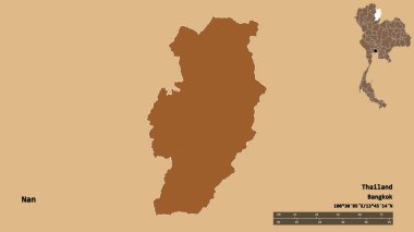 Tayland 'ın Nan eyaleti, başkenti katı bir zemin ile izole edilmiştir. Uzaklık ölçeği, bölge önizlemesi ve etiketleri. Desenli dokuların bileşimi. 3B görüntüleme