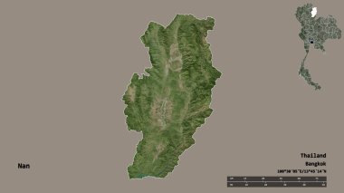 Tayland 'ın Nan eyaleti, başkenti katı bir zemin ile izole edilmiştir. Uzaklık ölçeği, bölge önizlemesi ve etiketleri. Uydu görüntüleri. 3B görüntüleme