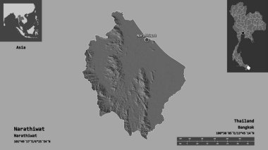 Tayland 'ın Narathiwat ili ve başkenti. Uzaklık ölçeği, ön gösterimler ve etiketler. Çift seviyeli yükseklik haritası. 3B görüntüleme