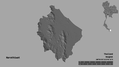 Tayland 'ın Narathiwat eyaleti, başkenti sağlam bir zemin üzerinde izole edilmiştir. Uzaklık ölçeği, bölge önizlemesi ve etiketleri. Çift seviyeli yükseklik haritası. 3B görüntüleme