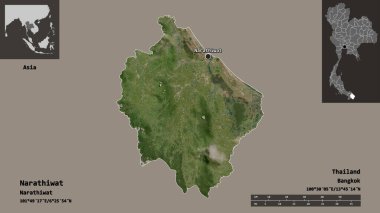 Tayland 'ın Narathiwat ili ve başkenti. Uzaklık ölçeği, ön gösterimler ve etiketler. Uydu görüntüleri. 3B görüntüleme