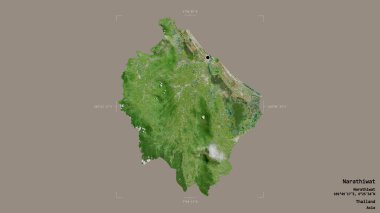 Tayland 'ın Narathiwat bölgesinde katı bir arka planda izole edilmiş bir sınır kutusunda. Etiketler. Uydu görüntüleri. 3B görüntüleme