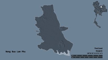 Tayland 'ın Nong Bua Lam Phu şehrinin başkenti sağlam bir zemin ile izole edilmiştir. Uzaklık ölçeği, bölge önizlemesi ve etiketleri. Renkli yükseklik haritası. 3B görüntüleme