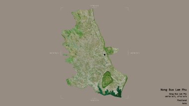 Tayland 'ın Nong Bua Lam Phu bölgesinde katı bir arka planda izole edilmiş bir sınır kutusu var. Etiketler. Uydu görüntüleri. 3B görüntüleme