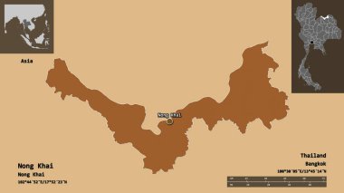 Tayland 'ın Nong Khai ili ve başkenti. Uzaklık ölçeği, ön gösterimler ve etiketler. Desenli dokuların bileşimi. 3B görüntüleme