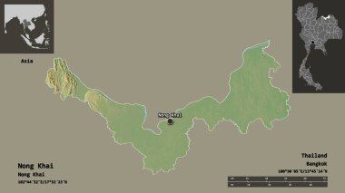 Tayland 'ın Nong Khai ili ve başkenti. Uzaklık ölçeği, ön gösterimler ve etiketler. Topografik yardım haritası. 3B görüntüleme