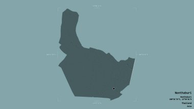 Nonthaburi bölgesi, Tayland vilayeti, jeoreferatlı bir sınır kutusunda sağlam bir arka planda izole edilmiş. Etiketler. Renkli yükseklik haritası. 3B görüntüleme