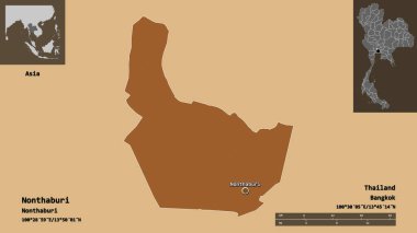 Nonthaburi 'nin şekli, Tayland eyaleti ve başkenti. Uzaklık ölçeği, ön gösterimler ve etiketler. Desenli dokuların bileşimi. 3B görüntüleme