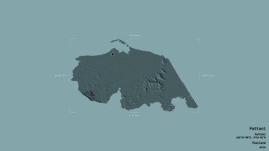 Pattani bölgesi, Tayland vilayeti, jeoreferatlı bir sınır kutusunda sağlam bir arka planda izole edilmiş. Etiketler. Renkli yükseklik haritası. 3B görüntüleme