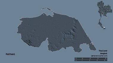 Pattani şehri, Tayland eyaleti, başkenti sağlam bir zemin üzerinde izole edilmiştir. Uzaklık ölçeği, bölge önizlemesi ve etiketleri. Renkli yükseklik haritası. 3B görüntüleme