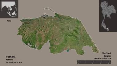 Pattani 'nin şekli, Tayland ili ve başkenti. Uzaklık ölçeği, ön gösterimler ve etiketler. Uydu görüntüleri. 3B görüntüleme