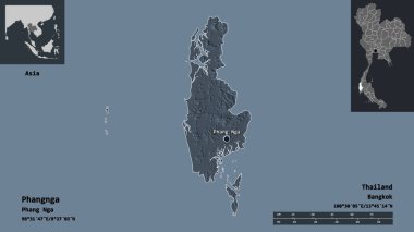 Phangnga 'nın şekli, Tayland eyaleti ve başkenti. Uzaklık ölçeği, ön gösterimler ve etiketler. Renkli yükseklik haritası. 3B görüntüleme