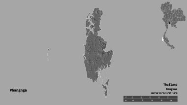 Tayland 'ın Phangnga eyaleti, başkenti katı bir zemin ile izole edilmiştir. Uzaklık ölçeği, bölge önizlemesi ve etiketleri. Çift seviyeli yükseklik haritası. 3B görüntüleme