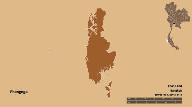 Tayland 'ın Phangnga eyaleti, başkenti katı bir zemin ile izole edilmiştir. Uzaklık ölçeği, bölge önizlemesi ve etiketleri. Desenli dokuların bileşimi. 3B görüntüleme