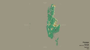 Tayland 'ın Phangnga bölgesinde katı bir arka planda izole edilmiş bir sınır kutusu var. Etiketler. Topografik yardım haritası. 3B görüntüleme