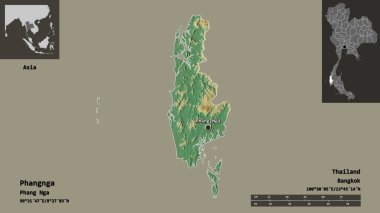 Phangnga 'nın şekli, Tayland eyaleti ve başkenti. Uzaklık ölçeği, ön gösterimler ve etiketler. Topografik yardım haritası. 3B görüntüleme