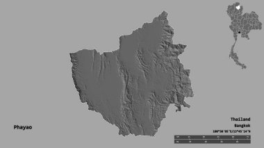 Tayland 'ın Phayao eyaleti, başkenti sağlam bir zemin üzerinde izole edilmiştir. Uzaklık ölçeği, bölge önizlemesi ve etiketleri. Çift seviyeli yükseklik haritası. 3B görüntüleme