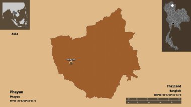 Tayland 'ın Phayao ili ve başkenti. Uzaklık ölçeği, ön gösterimler ve etiketler. Desenli dokuların bileşimi. 3B görüntüleme
