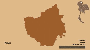 Tayland 'ın Phayao eyaleti, başkenti sağlam bir zemin üzerinde izole edilmiştir. Uzaklık ölçeği, bölge önizlemesi ve etiketleri. Desenli dokuların bileşimi. 3B görüntüleme