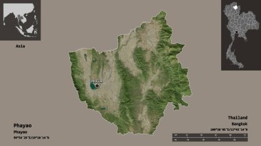 Tayland 'ın Phayao ili ve başkenti. Uzaklık ölçeği, ön gösterimler ve etiketler. Uydu görüntüleri. 3B görüntüleme