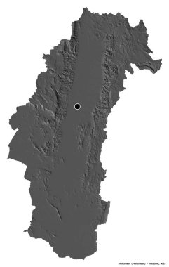 Tayland 'ın Phetchabun eyaleti, başkenti beyaz arka planda izole edilmiştir. Çift seviyeli yükseklik haritası. 3B görüntüleme