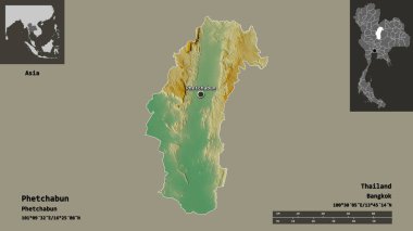 Phetchabun, Tayland eyaleti ve başkenti. Uzaklık ölçeği, ön gösterimler ve etiketler. Topografik yardım haritası. 3B görüntüleme