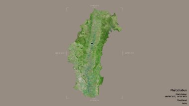 Tayland 'ın Phetchabun bölgesinde katı bir arka planda izole edilmiş bir sınır kutusunda. Etiketler. Uydu görüntüleri. 3B görüntüleme