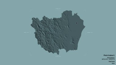 Tayland 'ın Phetchaburi bölgesinde katı bir arka planda izole edilmiş bir sınır kutusunda. Etiketler. Renkli yükseklik haritası. 3B görüntüleme