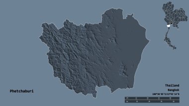 Tayland 'ın Phetchaburi eyaleti, başkenti sağlam bir zemin üzerinde izole edilmiştir. Uzaklık ölçeği, bölge önizlemesi ve etiketleri. Renkli yükseklik haritası. 3B görüntüleme