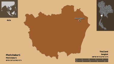 Phetchaburi, Tayland eyaleti ve başkenti. Uzaklık ölçeği, ön gösterimler ve etiketler. Desenli dokuların bileşimi. 3B görüntüleme