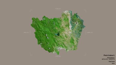 Tayland 'ın Phetchaburi bölgesinde katı bir arka planda izole edilmiş bir sınır kutusunda. Etiketler. Uydu görüntüleri. 3B görüntüleme