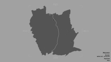 Tayland 'ın Phichit bölgesinde, sağlam bir arka planda izole edilmiş bir sınır kutusunda. Etiketler. Çift seviyeli yükseklik haritası. 3B görüntüleme