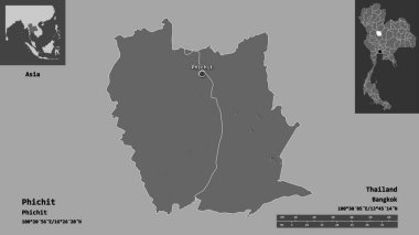 Tayland 'ın Phichit ili ve başkenti. Uzaklık ölçeği, ön gösterimler ve etiketler. Çift seviyeli yükseklik haritası. 3B görüntüleme