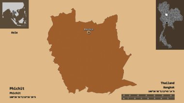 Tayland 'ın Phichit ili ve başkenti. Uzaklık ölçeği, ön gösterimler ve etiketler. Desenli dokuların bileşimi. 3B görüntüleme