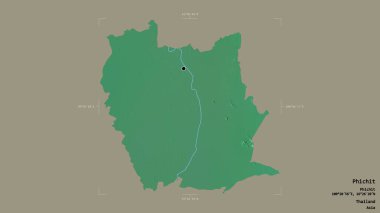 Tayland 'ın Phichit bölgesinde, sağlam bir arka planda izole edilmiş bir sınır kutusunda. Etiketler. Topografik yardım haritası. 3B görüntüleme