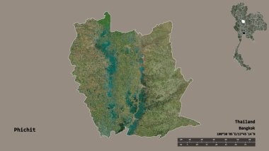 Tayland 'ın Phichit bölgesinin başkenti sağlam bir zemin ile izole edilmiştir. Uzaklık ölçeği, bölge önizlemesi ve etiketleri. Uydu görüntüleri. 3B görüntüleme