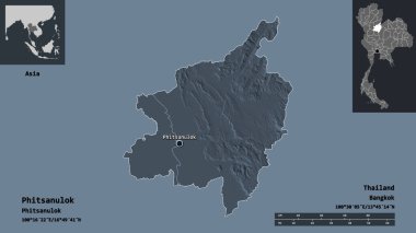 Tayland 'ın Phitsanulok şehri ve başkenti. Uzaklık ölçeği, ön gösterimler ve etiketler. Renkli yükseklik haritası. 3B görüntüleme