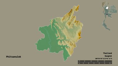 Tayland 'ın Phitsanulok bölgesinin başkenti sağlam bir zemin ile izole edilmiştir. Uzaklık ölçeği, bölge önizlemesi ve etiketleri. Topografik yardım haritası. 3B görüntüleme