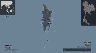 Phuket 'in şekli, Tayland vilayeti ve başkenti. Uzaklık ölçeği, ön gösterimler ve etiketler. Renkli yükseklik haritası. 3B görüntüleme