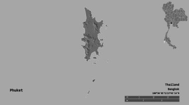 Tayland 'ın Phuket eyaleti, başkenti sağlam bir zemin üzerinde izole edilmiştir. Uzaklık ölçeği, bölge önizlemesi ve etiketleri. Çift seviyeli yükseklik haritası. 3B görüntüleme