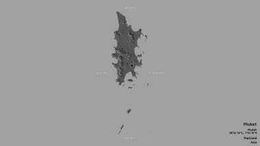 Tayland 'ın Phuket bölgesi, katı bir arka planda izole edilmiş bir sınır kutusunda. Etiketler. Çift seviyeli yükseklik haritası. 3B görüntüleme