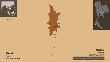 Phuket 'in şekli, Tayland vilayeti ve başkenti. Uzaklık ölçeği, ön gösterimler ve etiketler. Desenli dokuların bileşimi. 3B görüntüleme