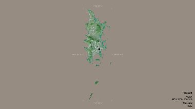 Tayland 'ın Phuket bölgesi, katı bir arka planda izole edilmiş bir sınır kutusunda. Etiketler. Uydu görüntüleri. 3B görüntüleme