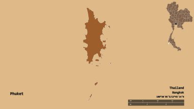 Tayland 'ın Phuket eyaleti, başkenti sağlam bir zemin üzerinde izole edilmiştir. Uzaklık ölçeği, bölge önizlemesi ve etiketleri. Desenli dokuların bileşimi. 3B görüntüleme